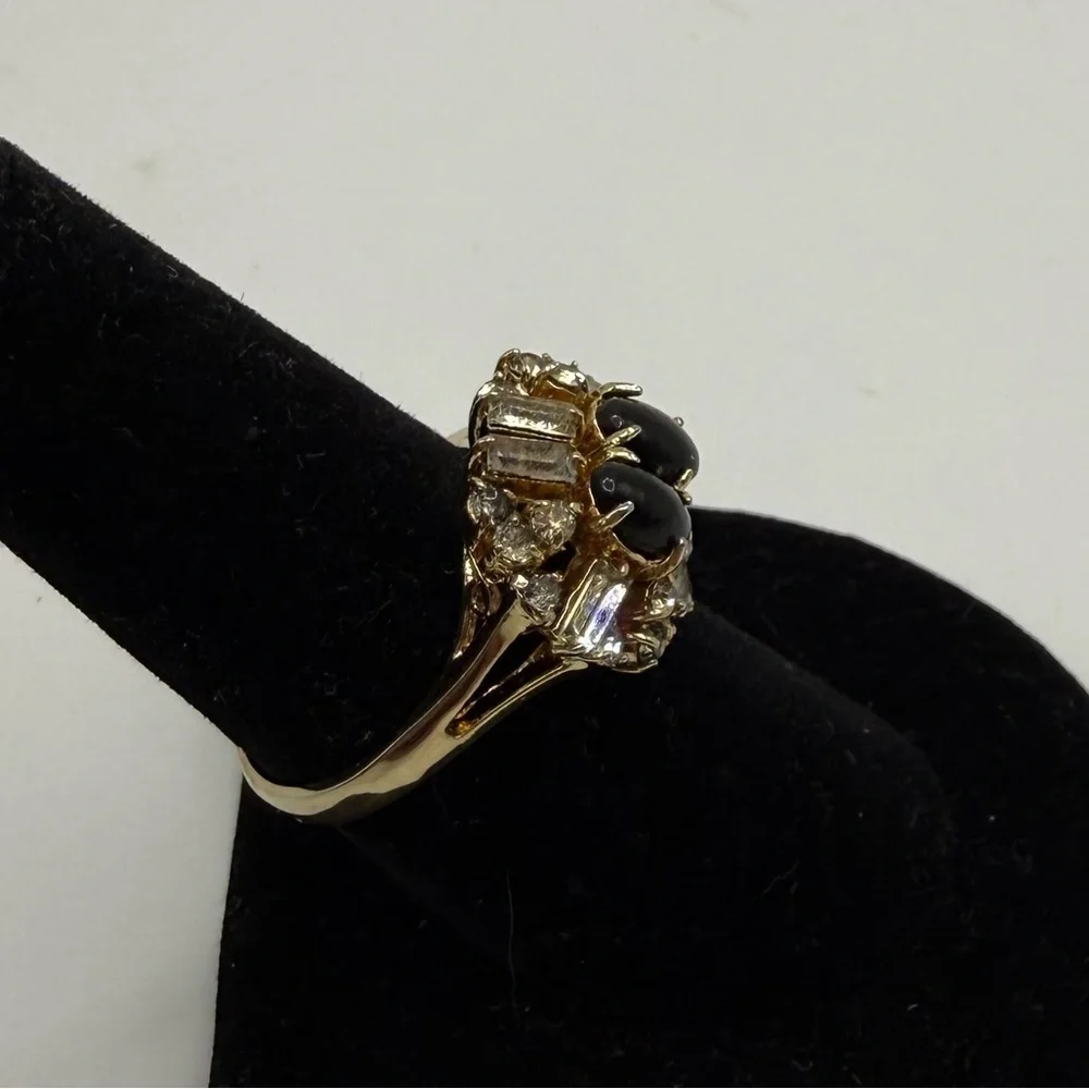 KAO Gold Tone Black Enamel Crystal Cocktail Ring Size 7.25